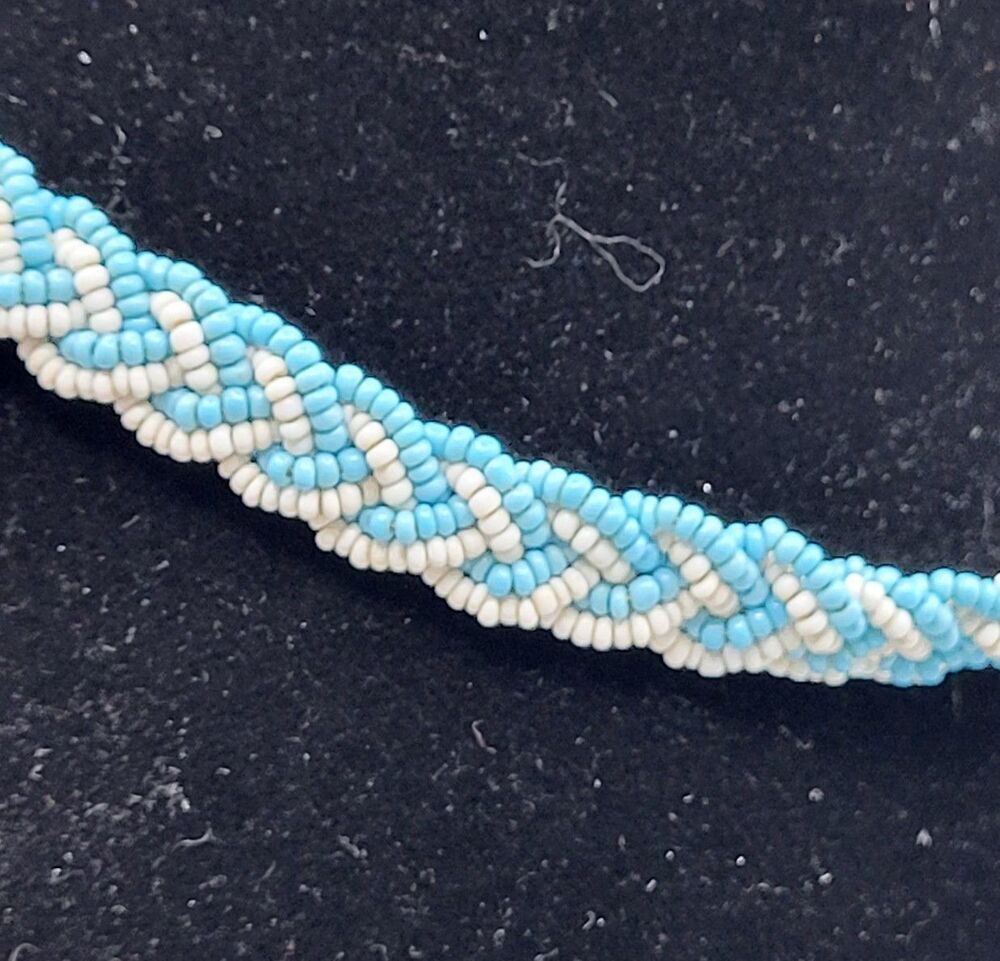 Blue and White Braided Beaded Hatband 29in